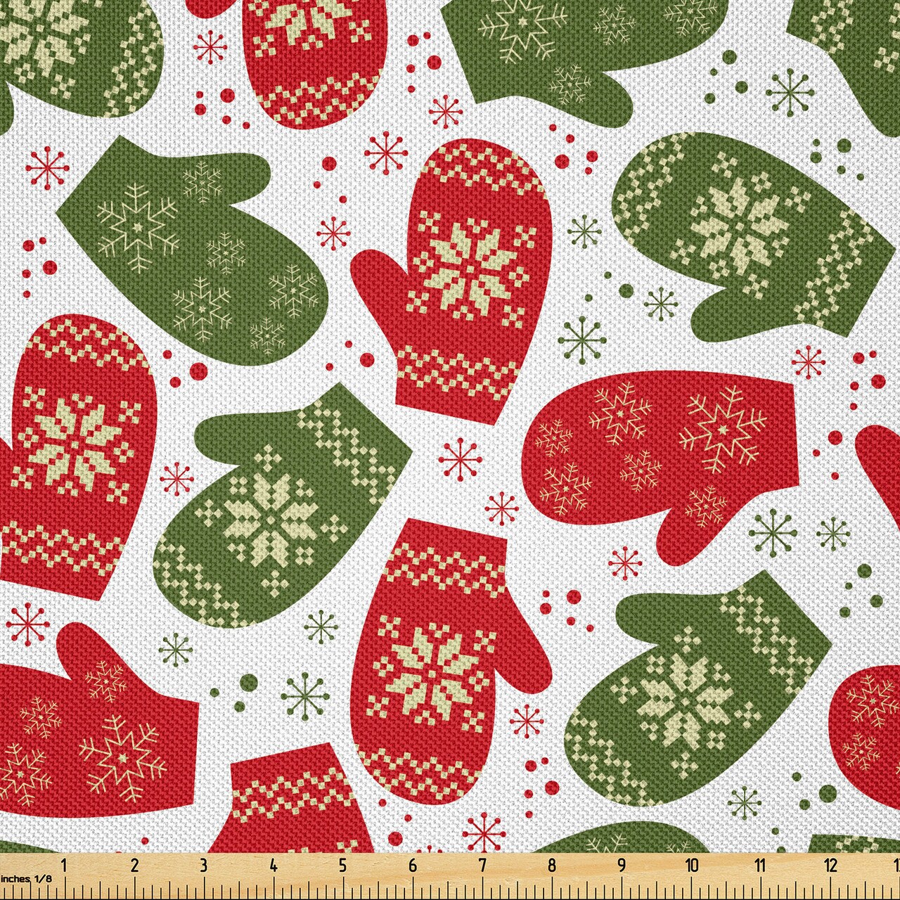 Ambesonne Christmas Fabric by The Yard, Xmas Theme Winter Mitten with Snowflakes and Nordic Roses Print, Decorative Satin Fabric for Home Textiles and Crafts, 1 Yards, Green Red and White